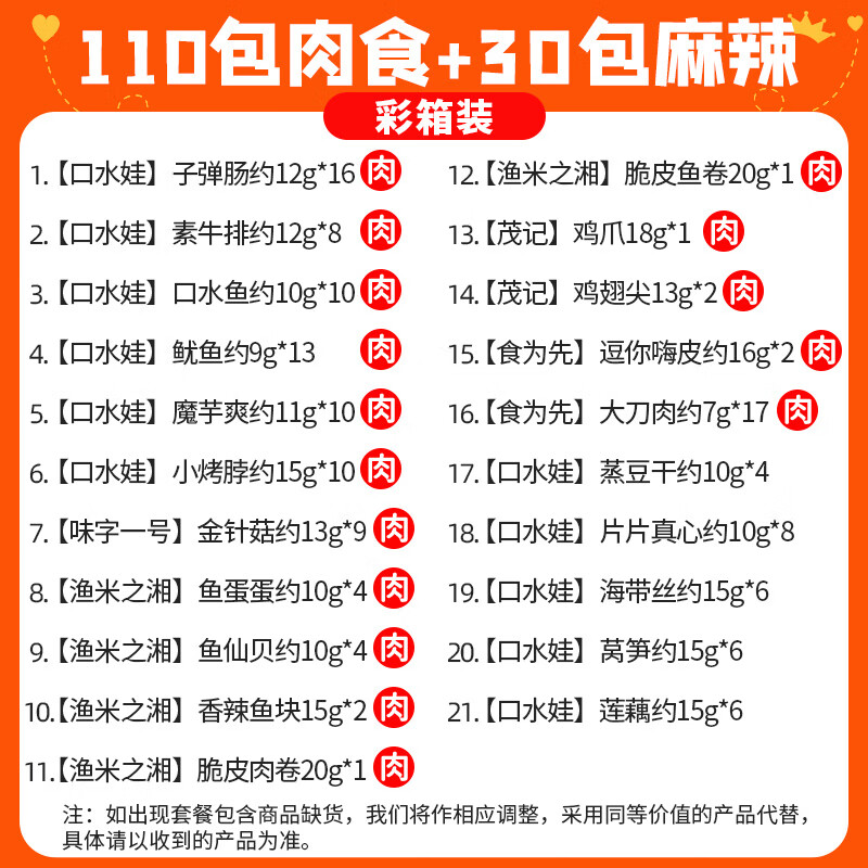 口水娃零食大禮包肉食類夜宵充饑解餓整箱麻辣送女友小吃休閑食品 口水娃大禮包(110包肉食+30包麻