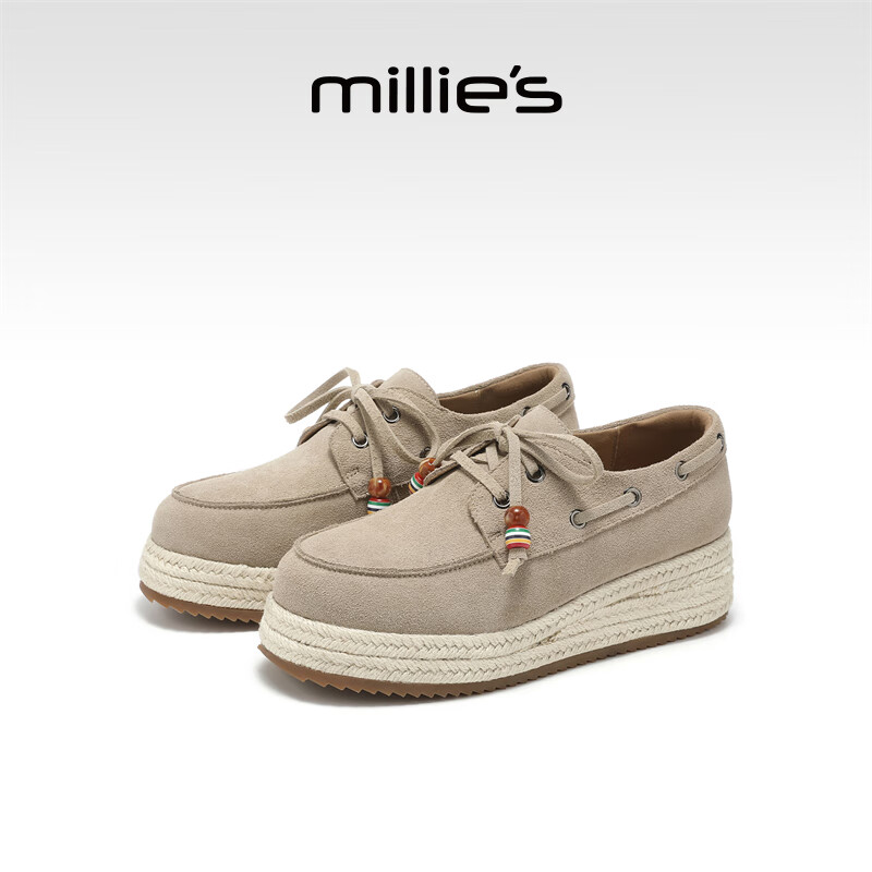 妙麗（Millies）2025新款漁夫鞋樂福鞋厚底增高單鞋女鞋 駝色 245