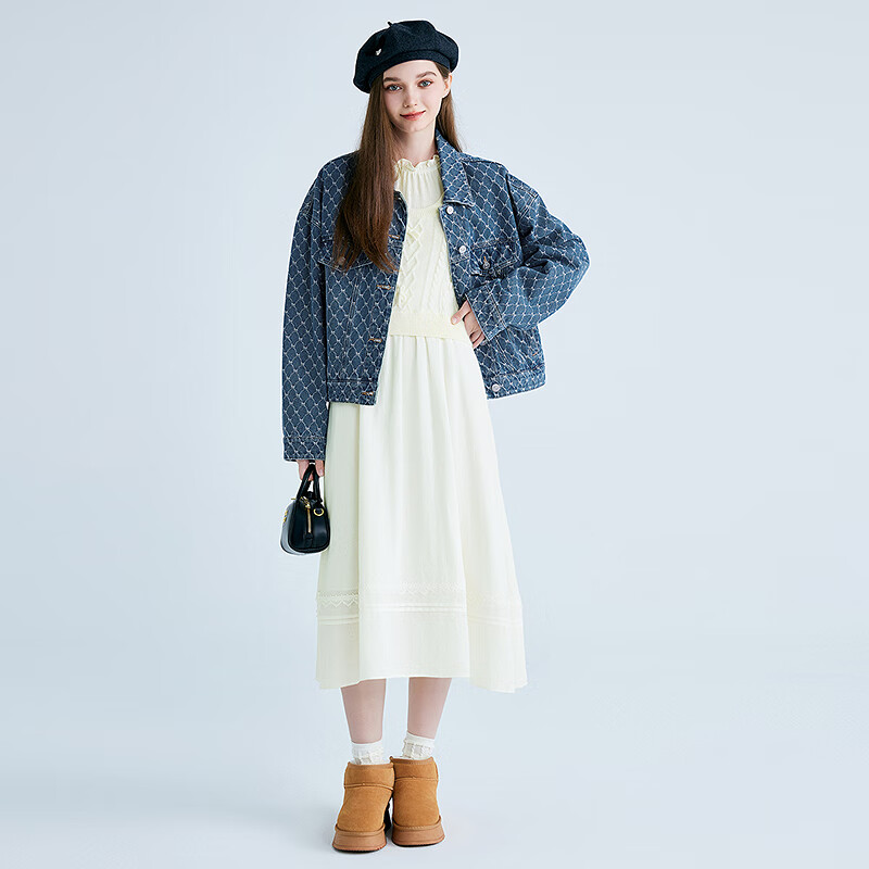 乐町【商场同款】拼接假两件连衣裙小白裙 云雾白 L