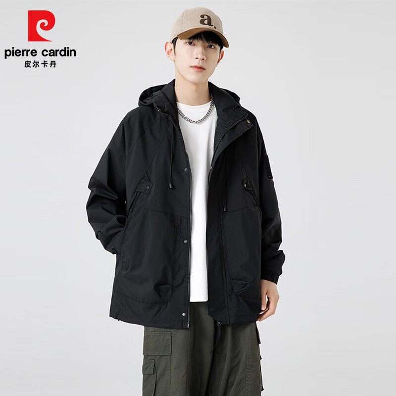 皮尔卡丹新款春秋款宽松冲锋衣户外防水秋装外套男女夹克男工装上衣款 黑色 【男女同款】 S