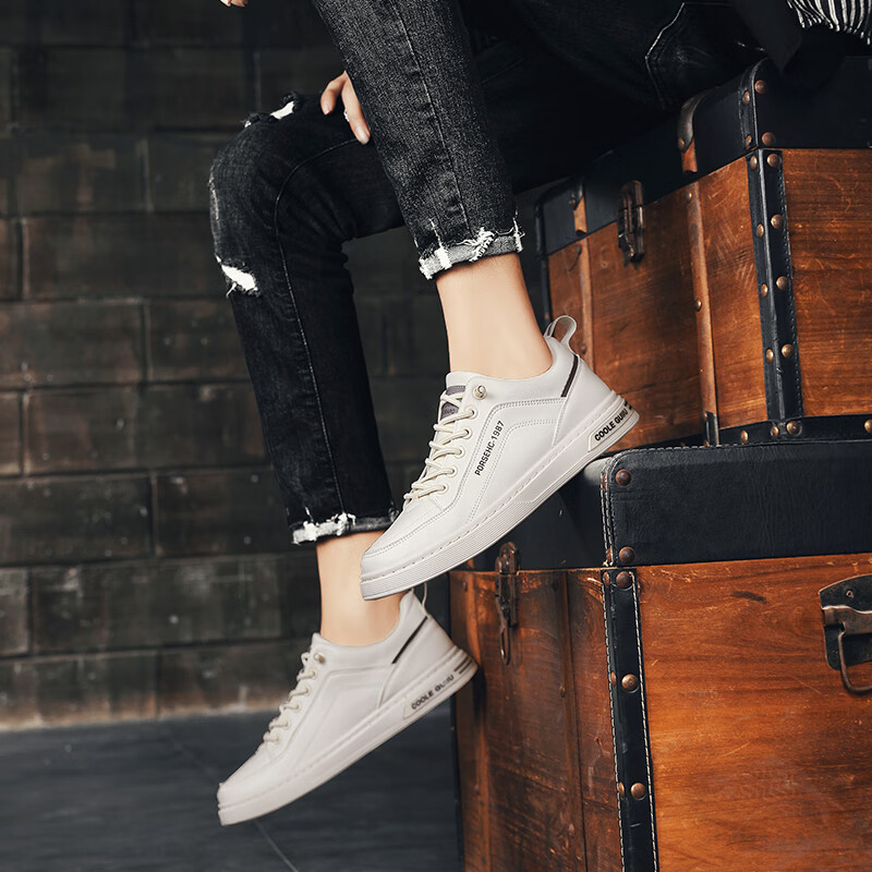 西域骆驼（VANCAMEL）男鞋秋季英伦商务休闲皮鞋子男士免系带软底百搭运动板鞋子男板鞋 【官方正品 品质保证】白色配色 43