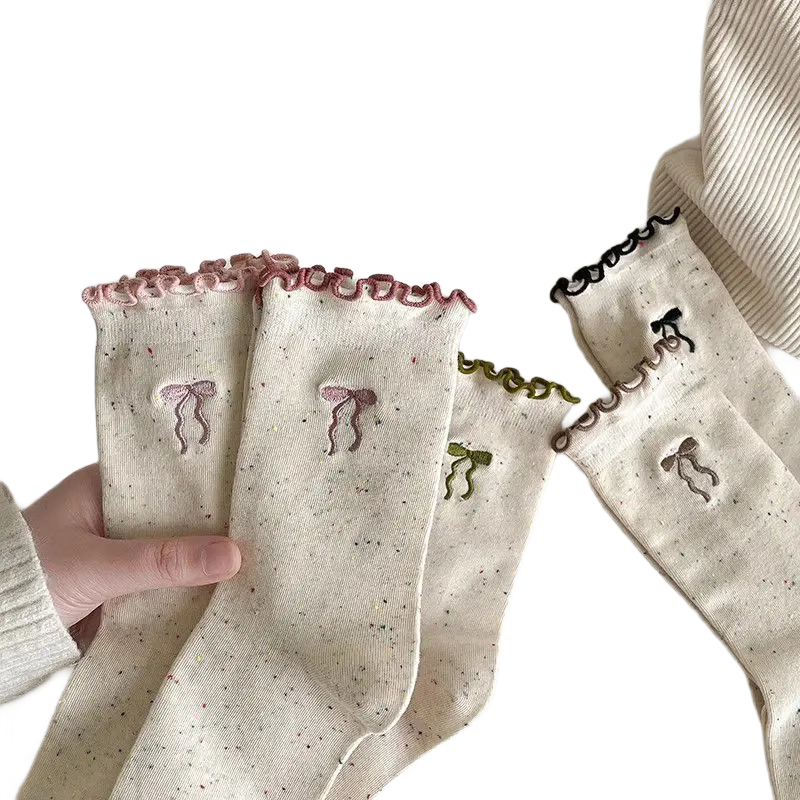 【单双低至1.29】袜子女中筒袜木耳边蝴蝶结点子纱可爱百搭堆堆袜 颜色随机 3双