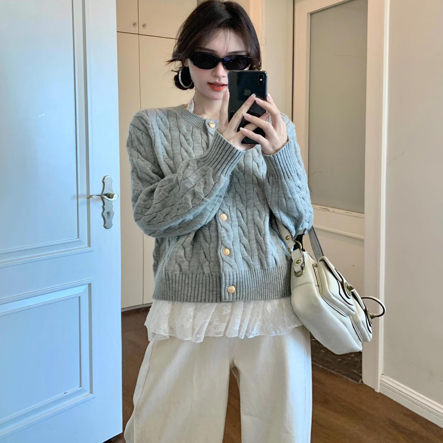 【49.9包邮】俞兆林 秋冬季宽松女士毛衣外套 灰色均码