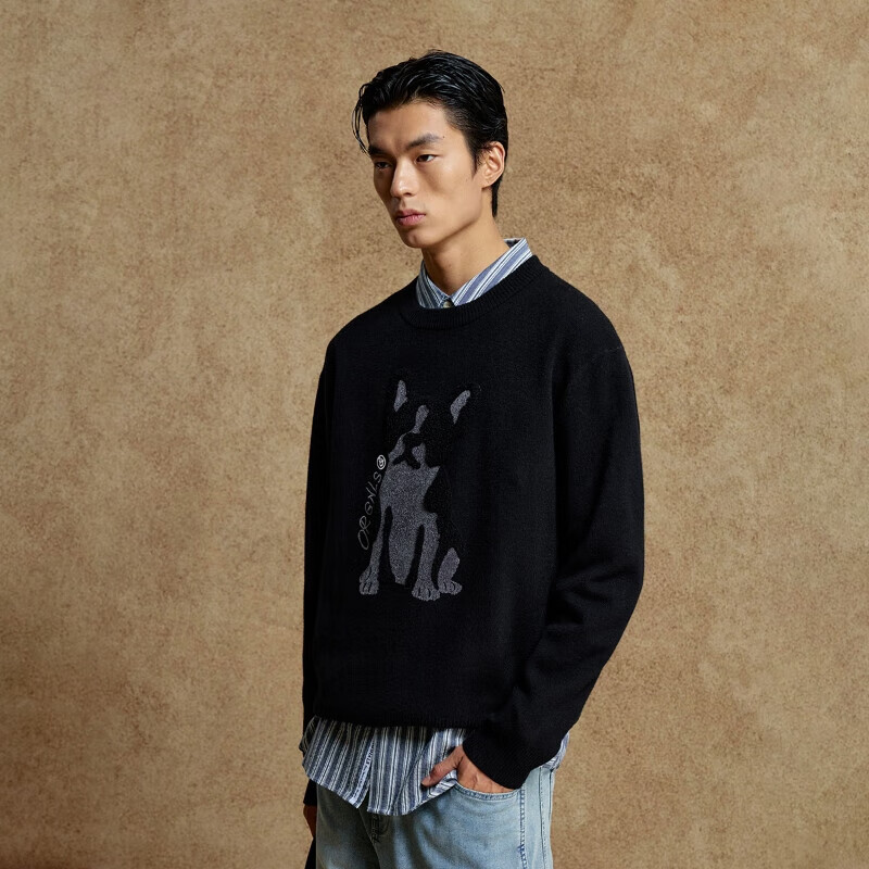 杰克·琼斯(JACK&JONES)男装25年秋冬季毛衣男士雪尼尔亲肤法斗狗宽松休闲圆领针织打底衫 E43纯黑色 常规 M (175)