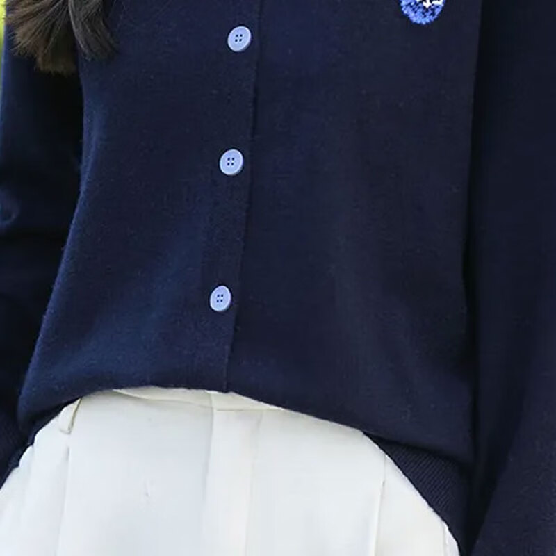 子牧棉麻2025秋装 女韩版百搭针织开衫圆领刺绣拼色毛衣外套宽松上衣2825 藏蓝色 均码 (建议90-140斤)