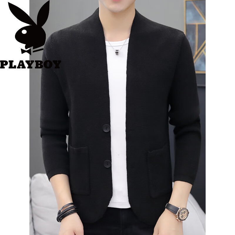 花花公子（PLAYBOY）针织开衫男士薄款春秋季百搭西服修身夹克男毛衣西装外套 8505红色 L (约105~120斤可穿)