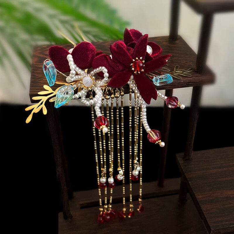 海伊朵婚纱头饰新娘发饰套装发箍韩式仙女森系敬酒服发饰中式礼服配饰品 红色绒花发簪套装