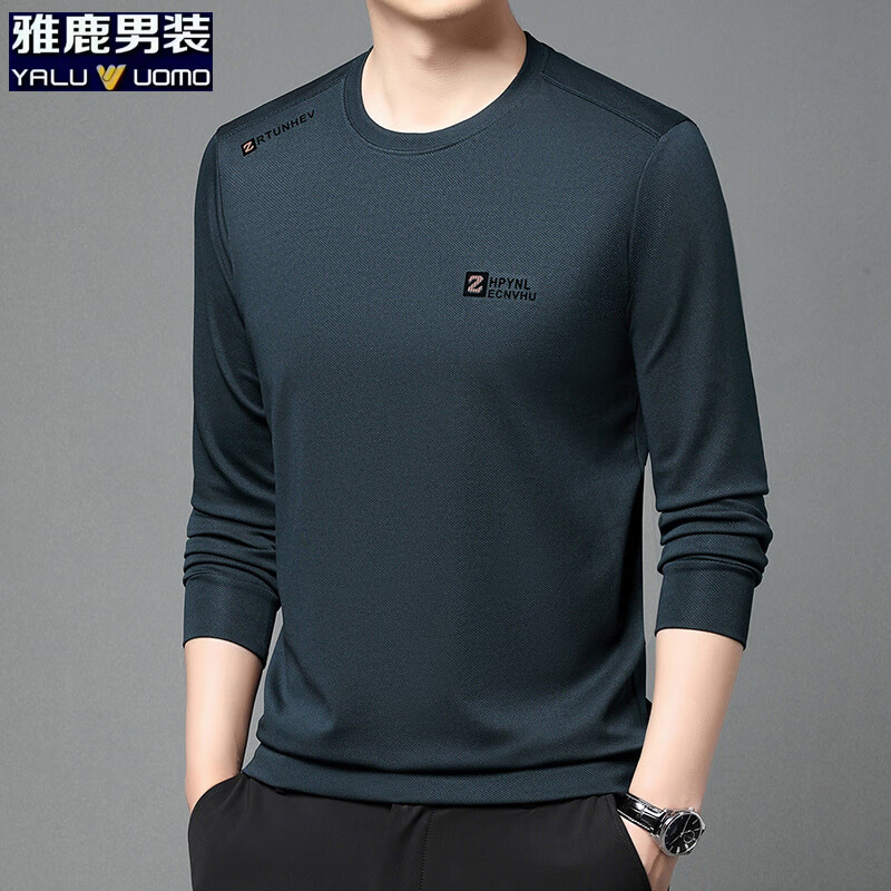 雅鹿男装加绒长袖t恤男冬季新款华夫格韩版保暖圆领休闲体恤衫男士上衣 哈青常规不加绒 L (170)（建议120-140斤）