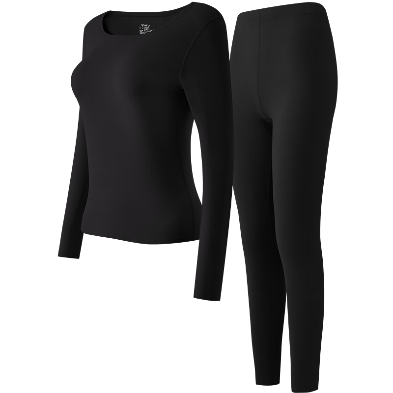 三福女冬季双面绒防静电保暖内衣套装 简约修身打底衣女504909 黑色 M