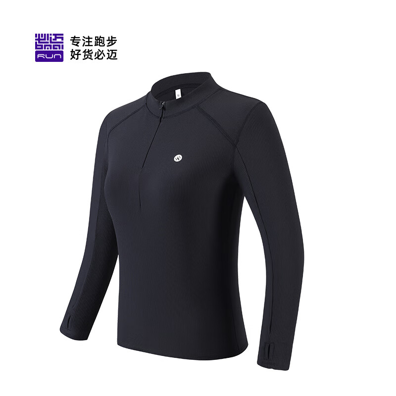 必迈（bmai）25女子运动半弹长袖跑步弹力紧身衣马拉松运动服瑜伽健身上衣 3D黑【女】 S