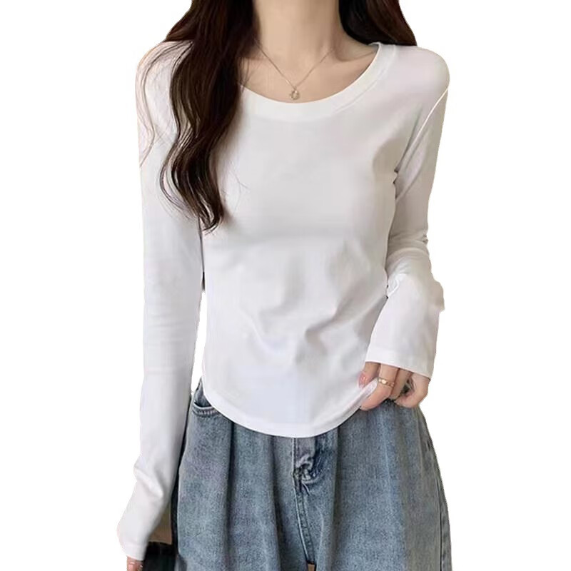 [95棉]纯棉正肩长袖T恤女新款早秋设计感小众内搭薄款圆领打底衫 白色 M