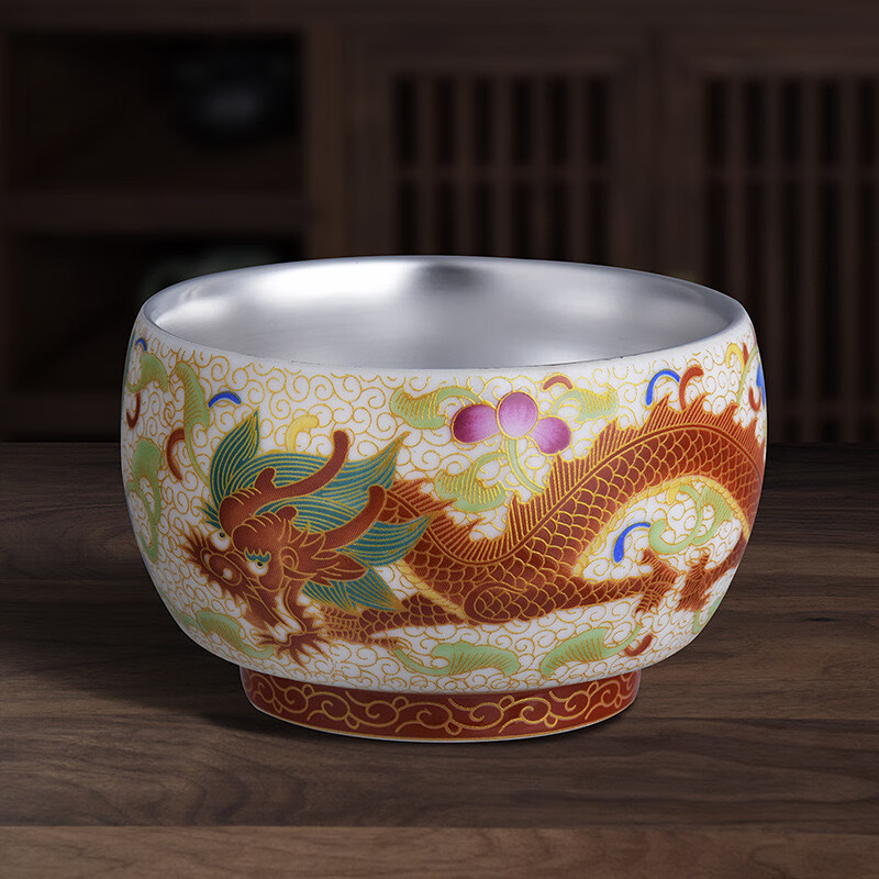 景盏景德镇工艺龙凤呈祥主人礼盒国潮陶瓷品茗杯龙年单杯茶具纯银茶杯 金线龙杯