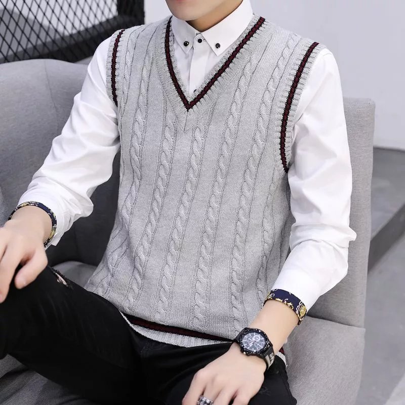 亚永凌针织衫背心男生加绒无袖毛衣厚款韩版潮流马甲坎肩港风外穿