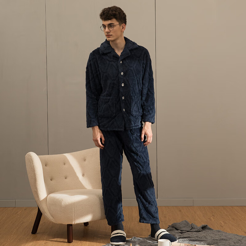 芬腾男士睡衣珊瑚绒家居服套装秋冬保暖 M98241404-宝兰 XL