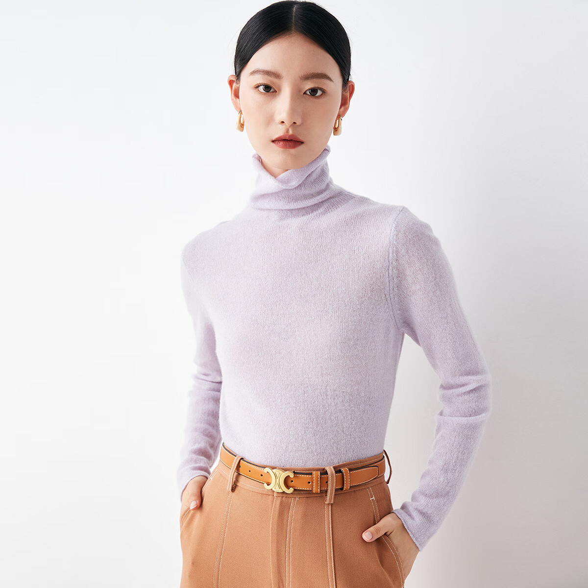 PALUOPO堆领100%山羊绒衫女式套头纯色打底针织秋冬保暖毛衣ET20055R 石楠紫 S 155/95