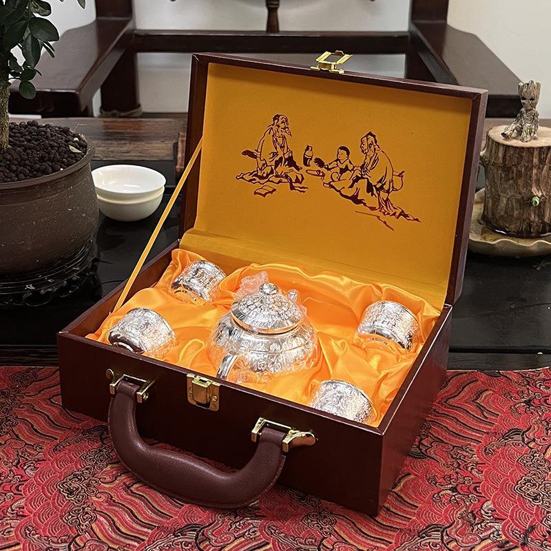 胖东来同款足银茶具套百福银壶家用999银茶杯子创意纯银礼品水壶 套(亮银)棕色高端皮盒 5件 京东折扣/优惠券