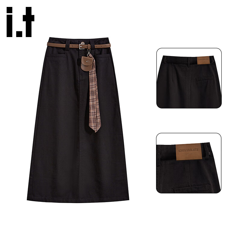 :CHOCOOLATE  it女装美拉德裙子复古风A字半身裙2025秋冬穿搭开叉休闲中长裙 黑色 L