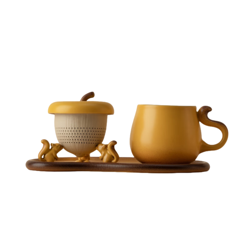 萬(wàn)仟堂（Edenus）高檔陶瓷辦公杯 男女咖啡杯個(gè)人家用泡茶杯水杯帶茶盤(pán) 舉個(gè)栗子 明黃釉（1杯1漏1盤(pán)）