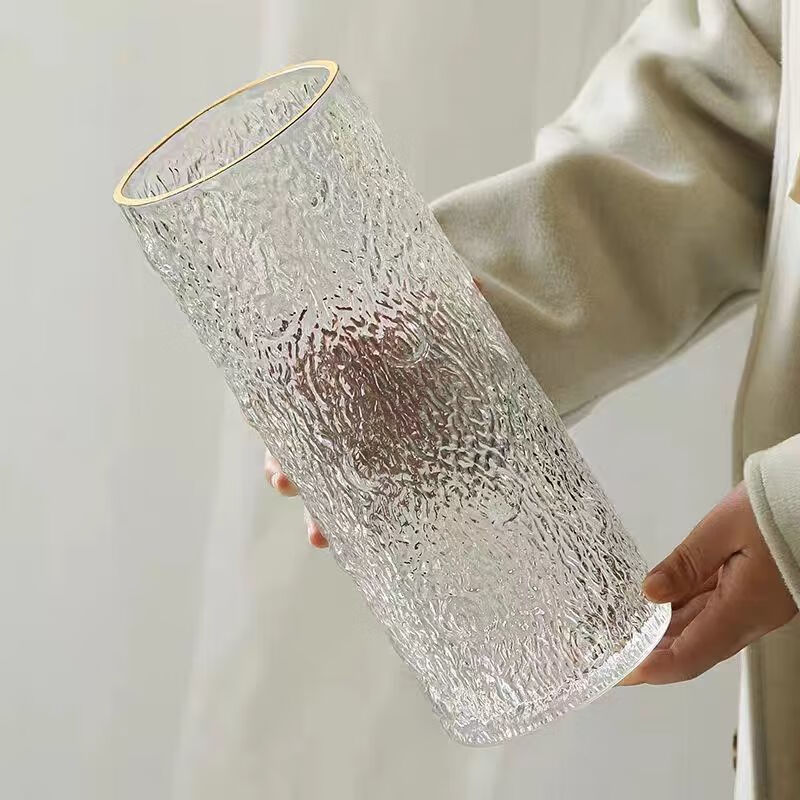 OYKTN直筒透明玻璃花瓶桌面插花水养干花鲜花花瓶ins风富贵竹客厅摆件 描金水波纹直简