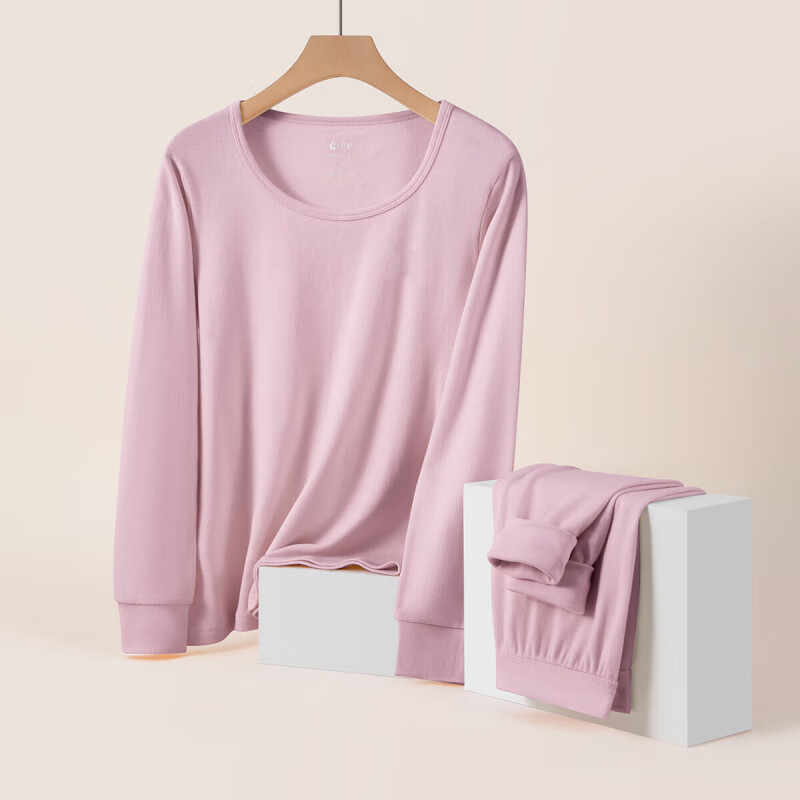 芬腾保暖内衣【纯棉 防静电】2025情侣圆领温暖打底套装秋衣秋裤 女款-樱花粉 L