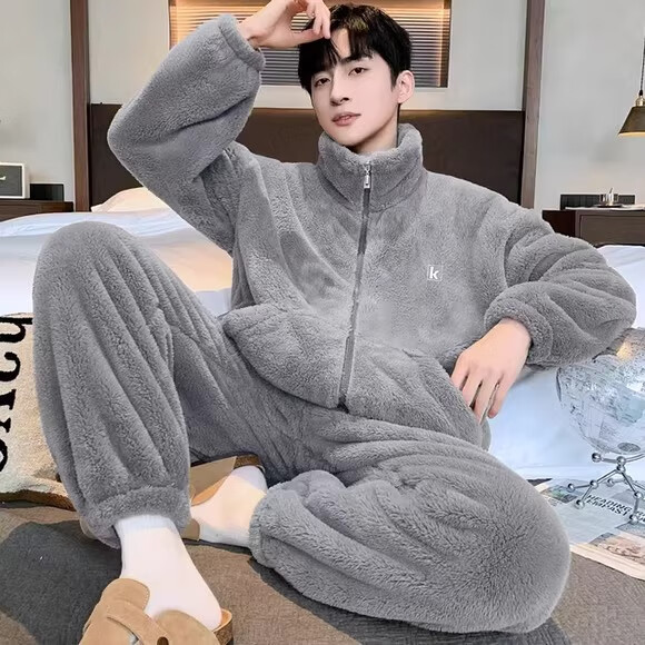 雪中飞珊瑚绒睡衣男士秋冬季2026年新款加绒加厚法兰绒家居服套装可外穿 NSJLY-KS17青瓦灰雪花绒K字标男 【柔软抗静电】 L -170/88A 【建议100-130斤】