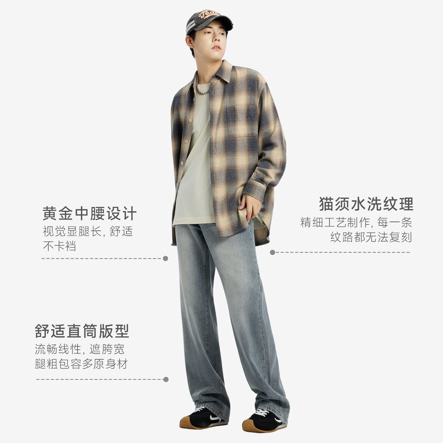 美特斯邦威牛仔裤男士新款休闲美式复古直筒宽松拖地长裤 牛仔中蓝 XL 180/88A