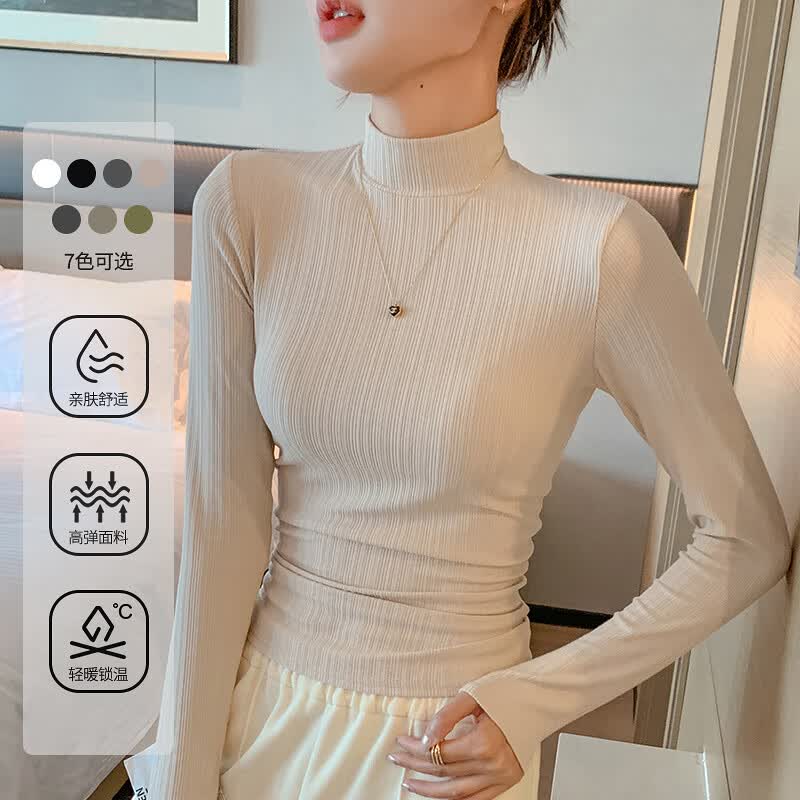 俞兆林半高领打底衫女长袖正肩T恤秋冬修身针织衫简约内搭上衣白色