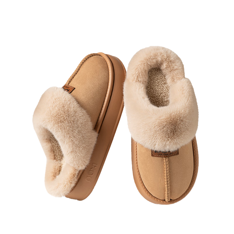 朴西女士棉拖鞋秋冬季家居保暖室内防滑情侣毛绒棉拖鞋 卡其色 38-39