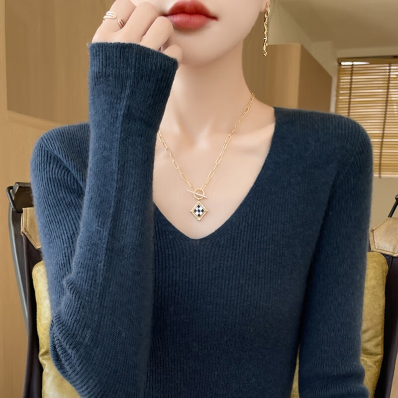 香影纯女装新款2025纯色V领针织衫女秋冬修身修身毛衣女百搭针织打底衫 米色 S (建议95斤以内)