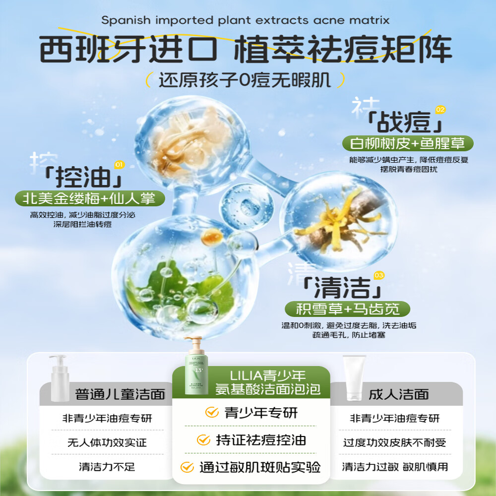 LILIA青少年氨基酸洁面乳12-18岁控油清痘洗面奶初高中生洁面深层清洁 300ml 【青少年必入】ko青春痘痘印黑头