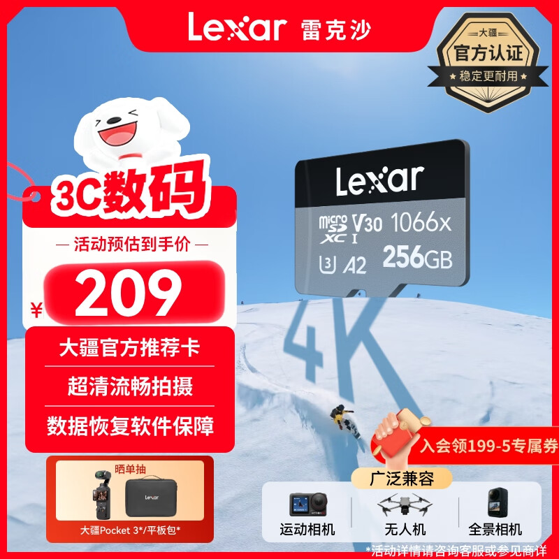 雷克沙（Lexar）256GB TF(MicroSD)存储卡V30 读160MB/s 大疆无人机运动相机Action5/Pocket3推荐内存卡 (1066x)
