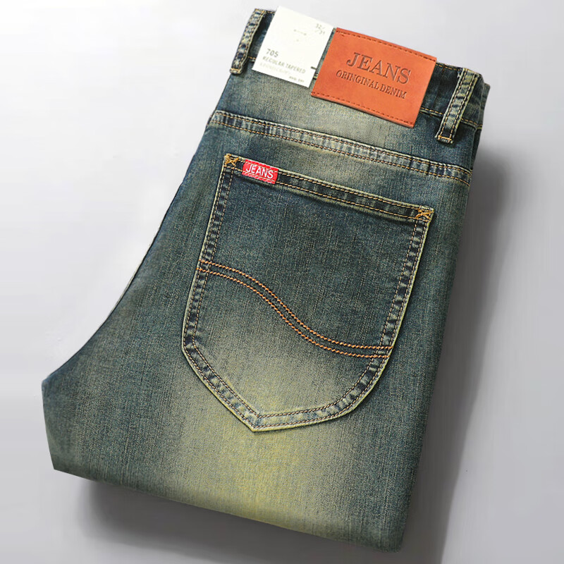 香港美式复古牛仔裤男直筒修身秋冬款水洗裤子黄泥色做旧休闲长裤 黄泥色 019 28 【2.1尺】