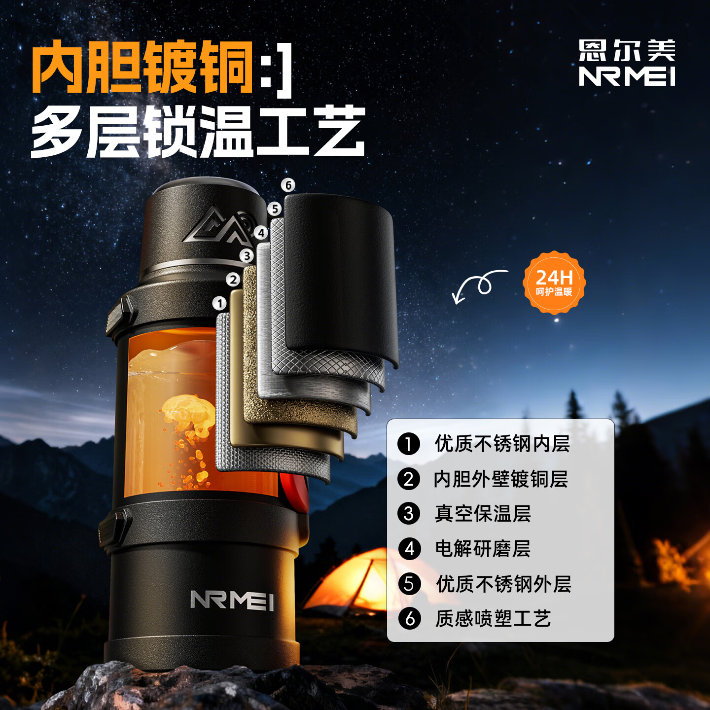 恩尔美(nRMEi)德国保冷热壶大号大容量户外316不锈钢保温杯车载旅行登山暖水瓶 黑3200ml【装6斤水/可拎可背】