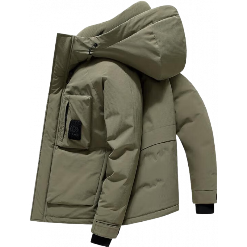 斯巴奴加厚羽绒服男短款2025冬季新款休闲连帽鸭绒保暖冬装外套潮工装 绿色 M