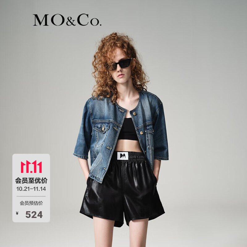 MO&amp;Co.精致金扣中袖短款复古牛仔夹克外套薄款设计感小众摩安珂 牛仔蓝色-第2批 M 165