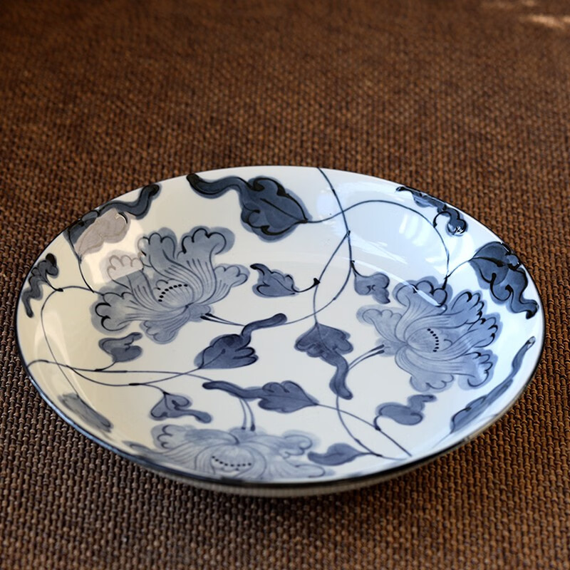 北野工坊手绘青花瓷大盘日式唐草牡丹复古家用陶瓷餐具盘子鸡盘 牡丹