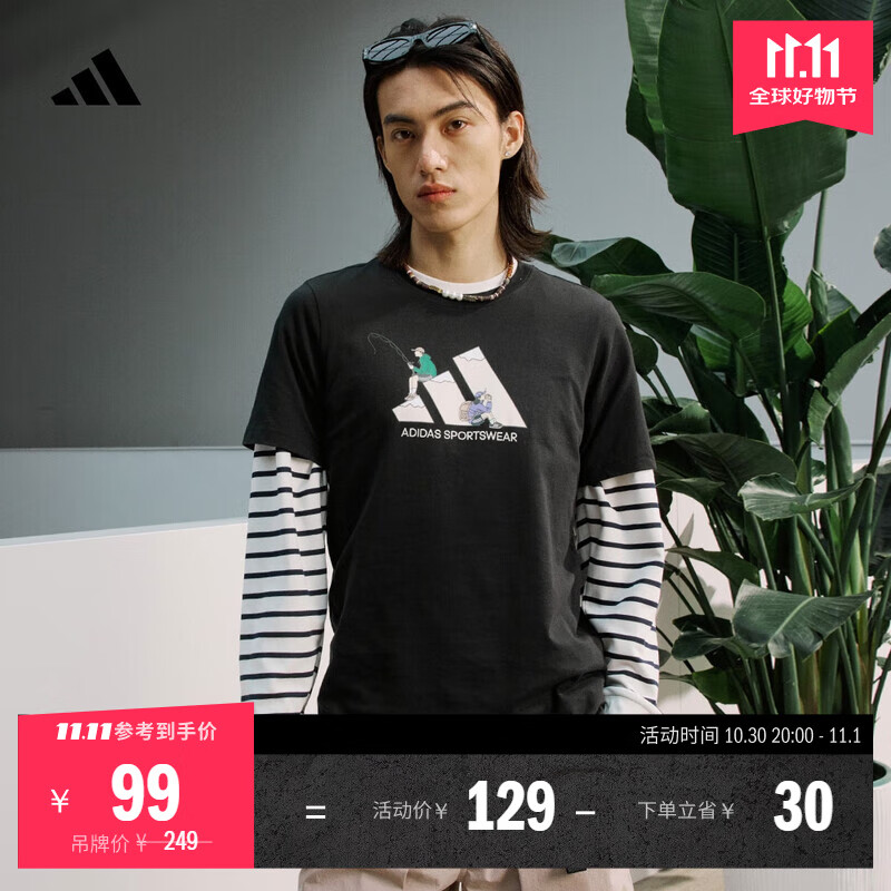 adidas情侣休闲纯棉印花上衣圆领短袖T恤男女夏季阿迪达斯轻运动 黑色     L