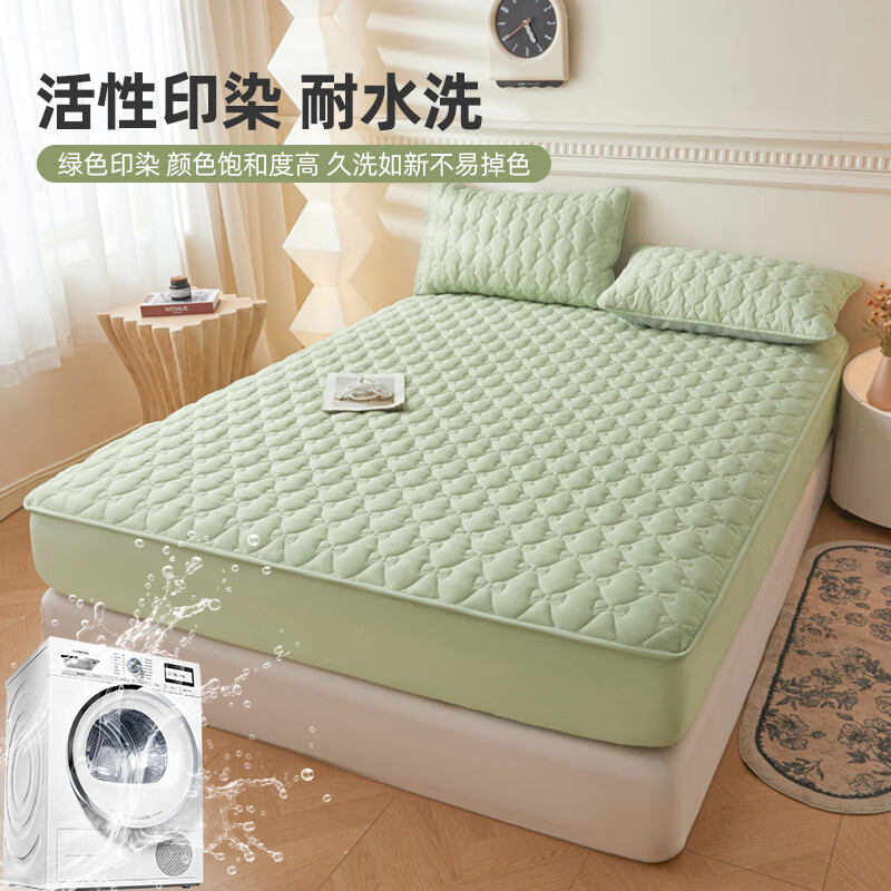 雅鹿加厚夹棉床笠防尘绗缝床罩三件套隔脏床盖床垫保护套床上用品 蝴蝶结床笠-松石绿【蓬松柔软 四季通用】 150*200cm单床笠