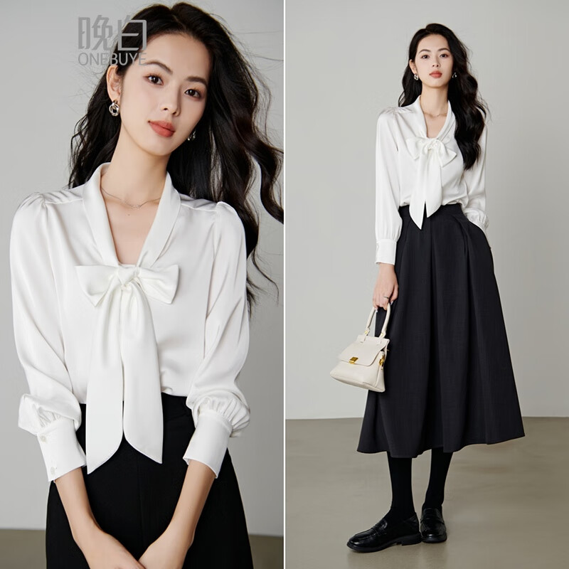 晚白【新品】系带蝴蝶结领白衬衫女2026春款时尚气质上衣通勤百搭衬衣 白色 L