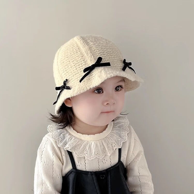 G.duck小黄鸭女童韩国甜美蝴蝶结帽子秋冬季保暖防风针织渔夫帽毛线盆帽 米色-黑色蝴蝶结款毛线渔夫帽 建议年龄18个月-3岁【48-50cm】