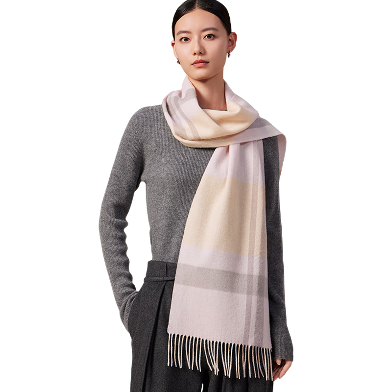 上海故事羊毛格子围巾秋冬新款生日礼物时尚保暖围脖圣诞节礼物高档礼盒 格调美学-粉白格 180*30cm(含须)
