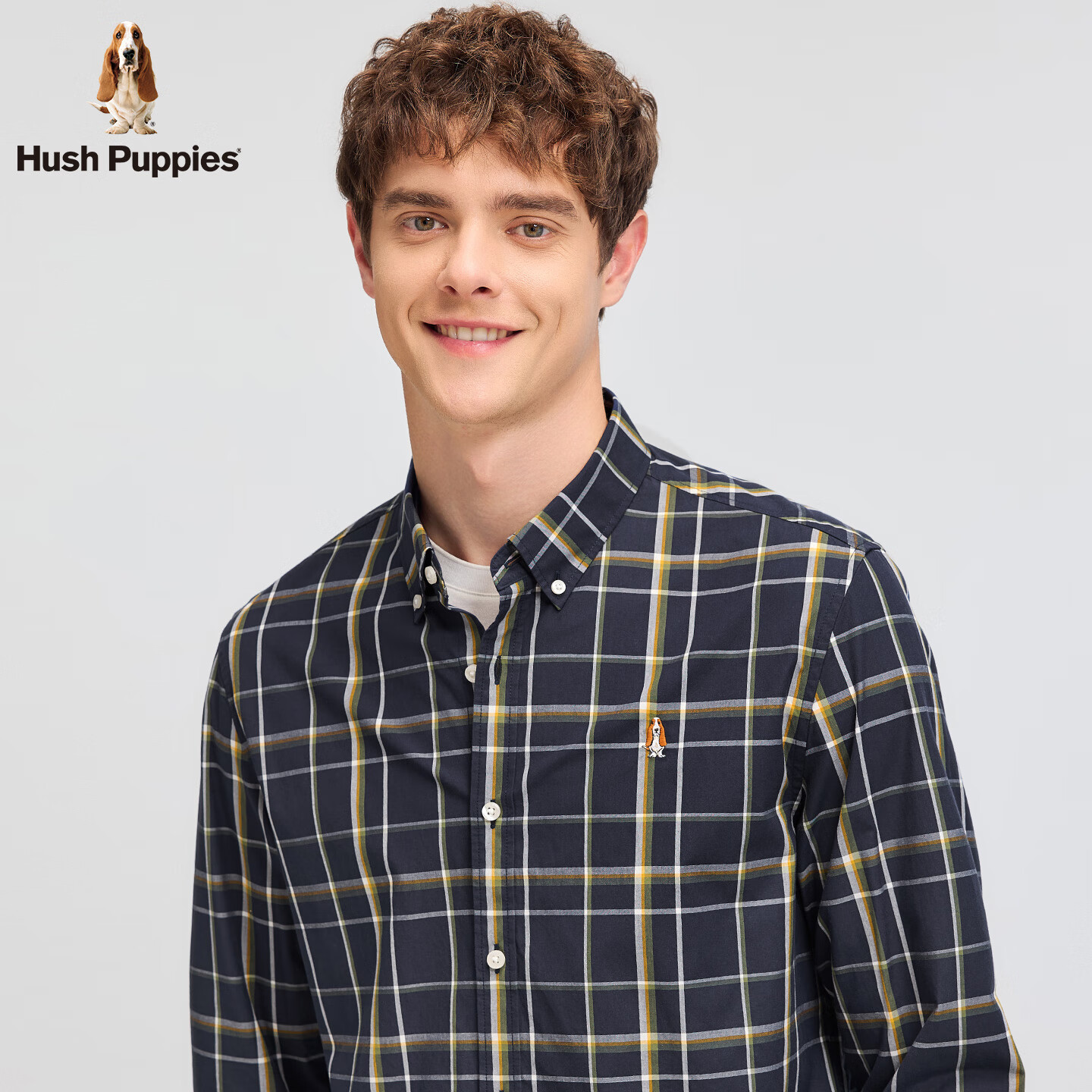暇步士(Hush Puppies)【舒适全棉】男装2025秋季简约基础款格纹长袖衬衫 墨蓝色 XL