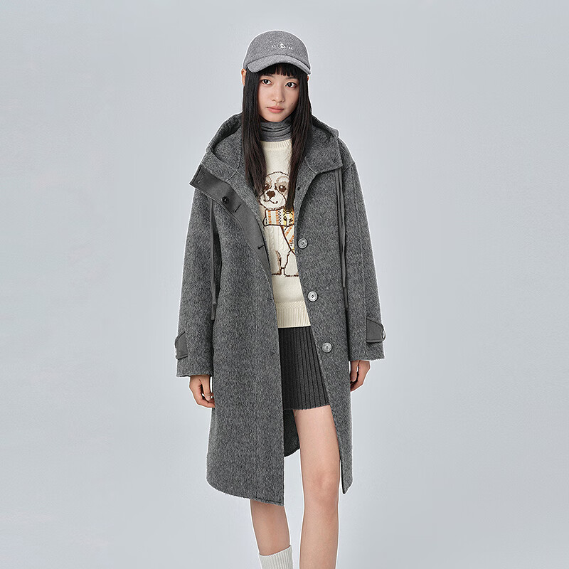 乐町【商场同款】乐町中长款羊毛呢大衣冬款耗牛绒连帽外套C2AAF4334 银烛灰（现货） M