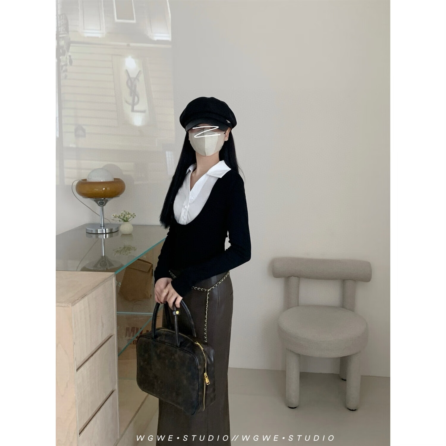 【厂家现发】39.48 WE纯欲黑色假两件衬衫领百搭显瘦休闲打底套头 黑色 S