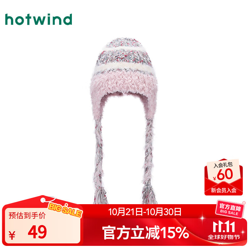 热风（Hotwind）女士帽子毛绒保暖帽子2025年冬季新款时尚百搭减龄拼接护耳毛线帽 09灰色 56-60cm