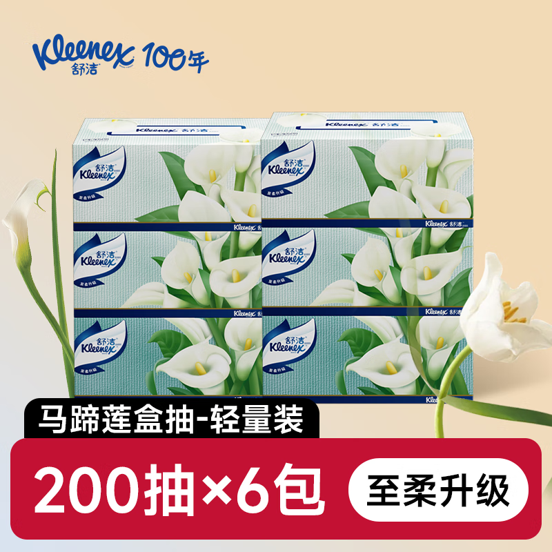 舒洁（Kleenex）马蹄莲盒装抽纸2层200抽原生木浆柔软顺滑软抽手纸卫生纸 【200抽6盒】马蹄莲抽纸家庭装 2层 200抽*6盒 整箱装
