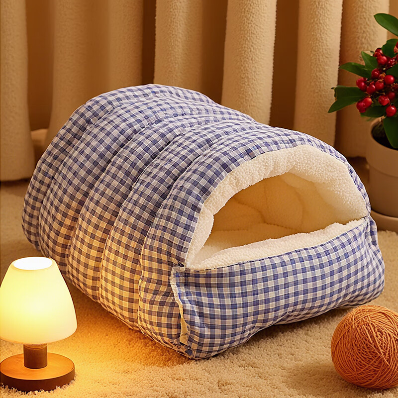 瓜洲牧猫窝四季通用冬季保暖宠物窝用品猫咪床半封闭式安全感窝睡窝 蓝白格【睡袋猫窝】 防风保暖 大号65*40*28