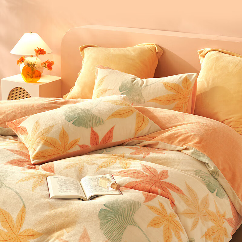 水星家纺百丽丝 牛奶绒三/四件套 加厚秋冬抗静电家用宿舍套件  秋水茗枫【A类品质&抗静电】 1.5米床 床单款 （被套200*230cm）