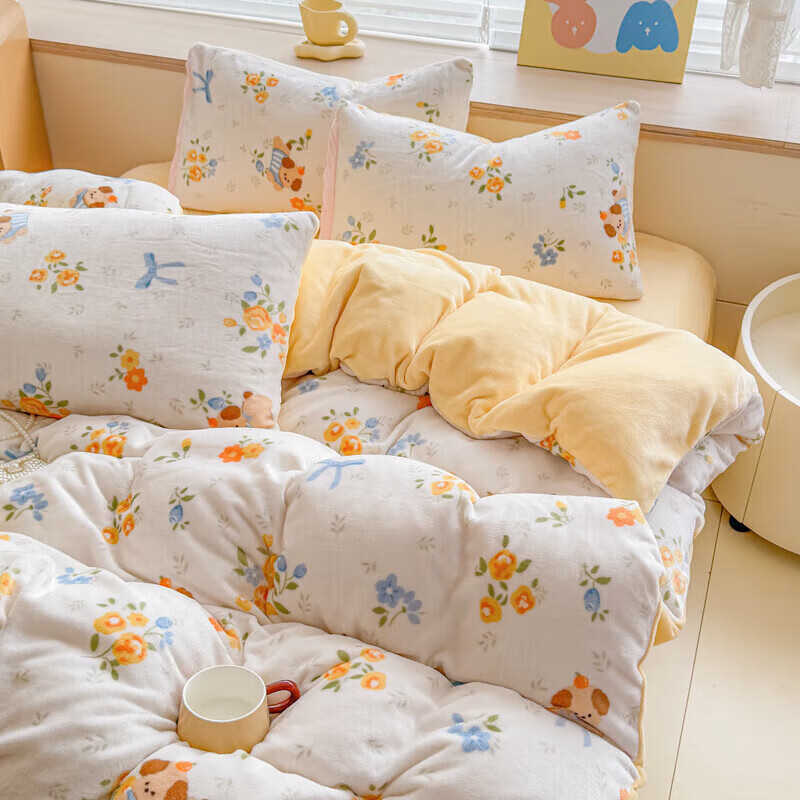 软贝小清新牛奶绒床上四件套保暖毛绒床单被套学生宿舍秋冬款三件套 布布萌宠 床单款 2.0m  被套200*230cm 四件套