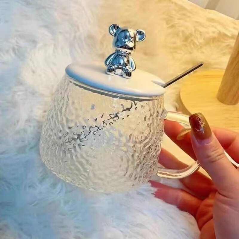 创意锤纹小熊玻璃杯女ins风高颜值水杯家用带盖透明早餐牛奶杯子 2套【锤纹杯+盖+勺】